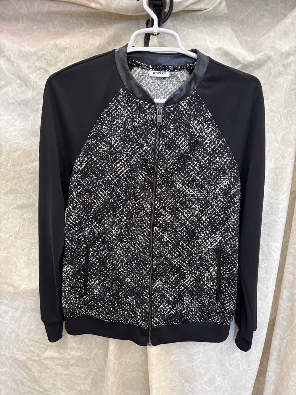 DKNYC Black and White Tweed Front Bomber Jacket